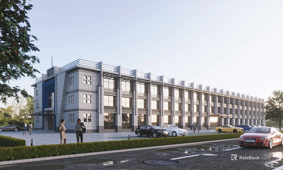 Modern Multi Story Office Building With Large Glass Windows Parked Cars And Landscaped Area 3d model 