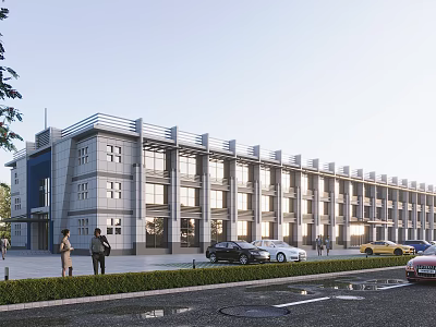 Modern Multi Story Office Building With Large Glass Windows Parked Cars And Landscaped Area 3d model