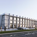 Modern Multi Story Office Building With Large Glass Windows Parked Cars And Landscaped Area
