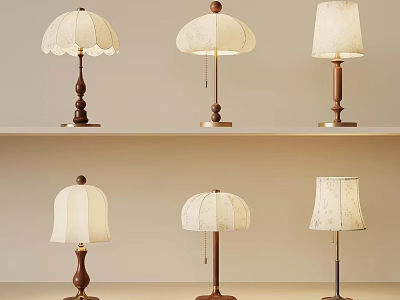 Various Designed Table Lamps Featuring White Shades And Wooden Metal Bases On Shelves 3d model