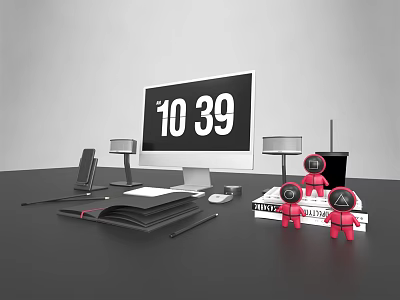 Modern Laptop Setup With 10 39 Digital Screen Red Robot Figures Desk Lamp And Books 3d model