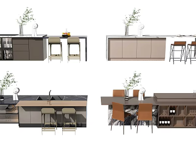 Contemporary Kitchen Interior With Island Counter Cabinets Bar Stools And Green Plants 3d model