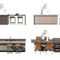 Contemporary Kitchen Interior With Island Counter Cabinets Bar Stools And Green Plants