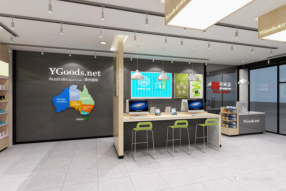 YGGoods Store Interior With Australia Map Counter Stools Screens And Cabinets 3d model 