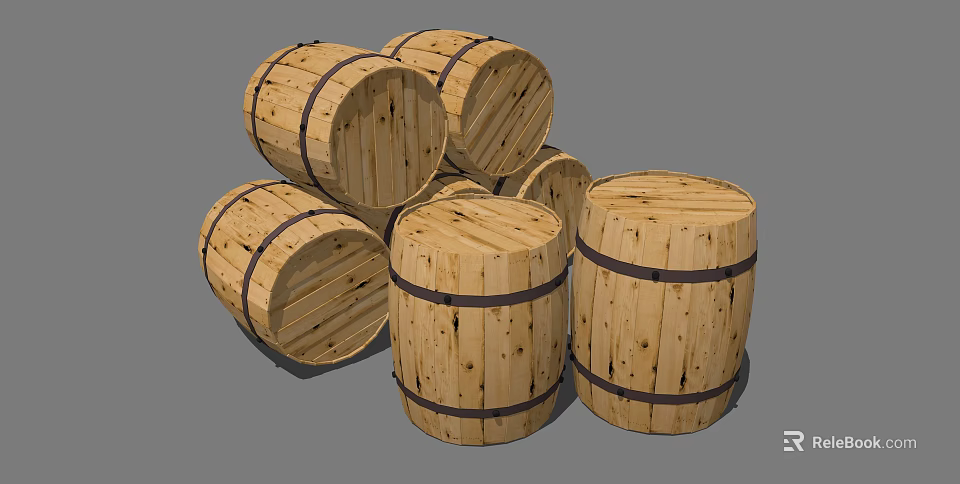 Wooden Barrels With Metal Hoops Stacked For Home Storage And Decoration 3d model 