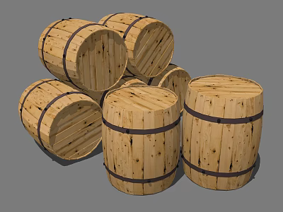 Wooden Barrels With Metal Hoops Stacked For Home Storage And Decoration 3d model