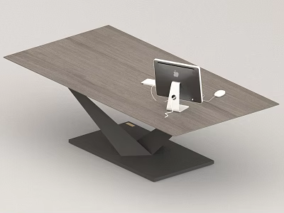Modern Office Desk With Wooden Tabletop Black Geometric Base And Computer Mouse 3d model