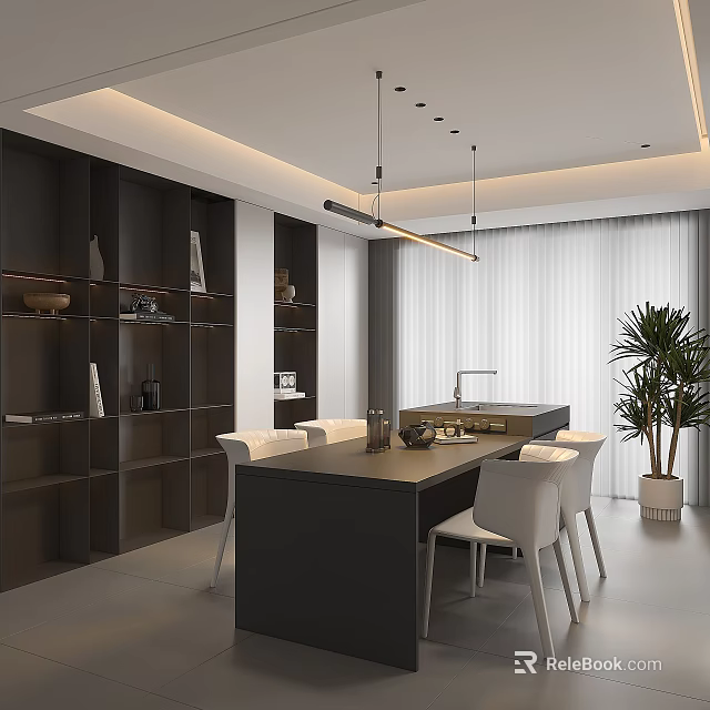 Modern Restaurant Interior With Dark Cabinets Central Island White Chairs And Potted Plant 3d model 