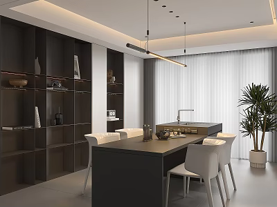 Modern Restaurant Interior With Dark Cabinets Central Island White Chairs And Potted Plant 3d model