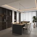 Modern Restaurant Interior With Dark Cabinets Central Island White Chairs And Potted Plant
