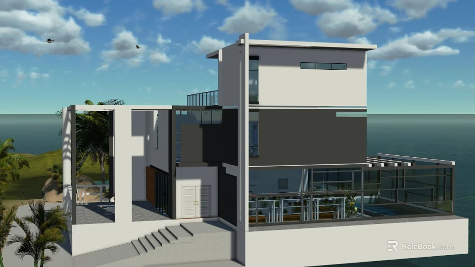 Modern Two Story Detached Villa With Large Windows Ocean View And Terrace Greenery 3d model 