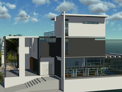 Modern Two Story Detached Villa With Large Windows Ocean View And Terrace Greenery 3d model