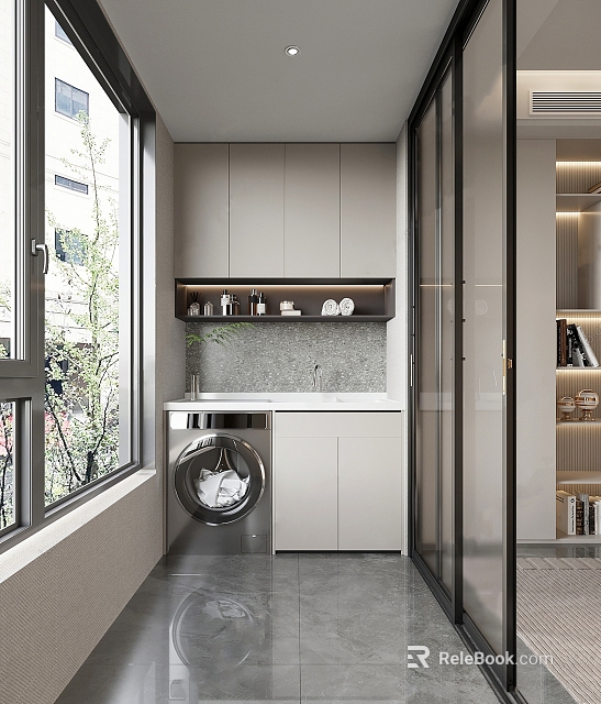 Modern Home Balcony Design With Washing Machine Sink Cabinets And Glass Door 3d model 