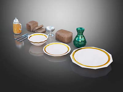 Elegant Dinnerware Set With White Gold Trim Plates Bowls And Green Vase Decor 3d model