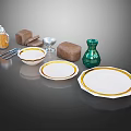 Elegant Dinnerware Set With White Gold Trim Plates Bowls And Green Vase Decor