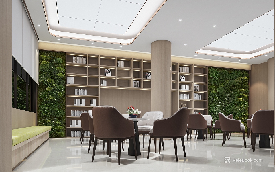 Modern Lounge Area Interior Design With Bookshelves Green Plant Walls And Comfortable Tables Chairs 3d model 