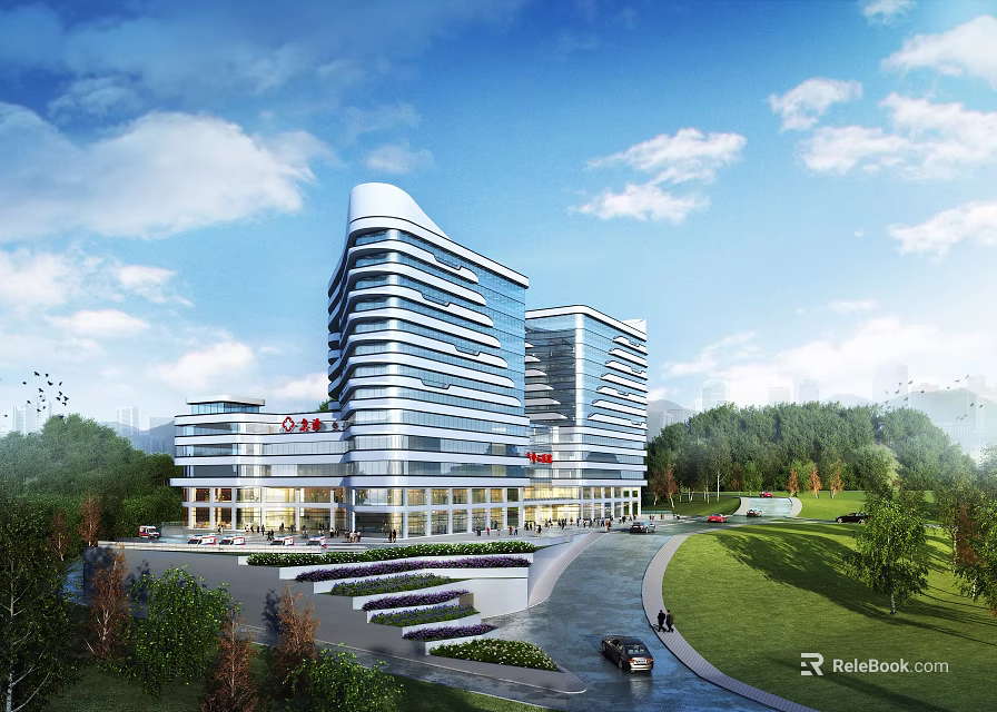 Modern Hospital Building With High Rise Glass Facade And Green Surrounding Landscape 3d model 