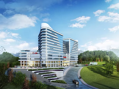 Modern Hospital Building With High Rise Glass Facade And Green Surrounding Landscape 3d model