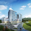 Modern Hospital Building With High Rise Glass Facade And Green Surrounding Landscape