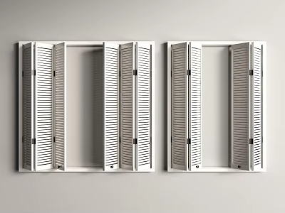 Two White Open Louvered Window Shutters Wall Mounted Interior Design 3d model
