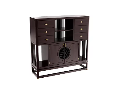 Elegant Dark Wood Wine Cabinet With Drawers And Lattice Door Design 3d model