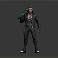 Cyberpunk Male Character In Black Leather Jacket With Futuristic Weapon And Mechanical Arm