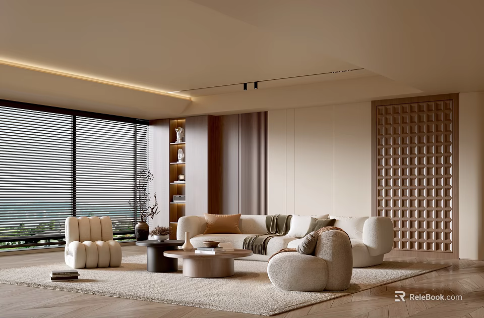 Modern Living Room Interior Featuring Large Windows With Blinds Wooden Bookshelf Sofa And Textured Wall 3d model 