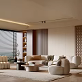 Modern Living Room Interior Featuring Large Windows With Blinds Wooden Bookshelf Sofa And Textured Wall