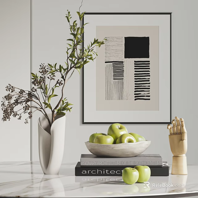 Decorative Ornament Set with Vase Plant Black White Artwork Green Apple Bowl Books Wooden Hand 3d model 