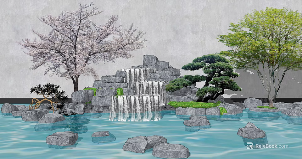 Scenic Wall with Waterfall Rocks Cherry Blossom and Pine Tree by Pond 3d model 