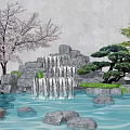 Scenic Wall with Waterfall Rocks Cherry Blossom and Pine Tree by Pond