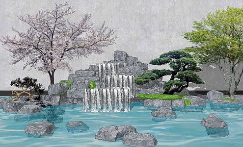 New Chinese style landscape sketch rockery waterscape drop wall water curtain wall waterscape wall courtyard waterfall 3d model