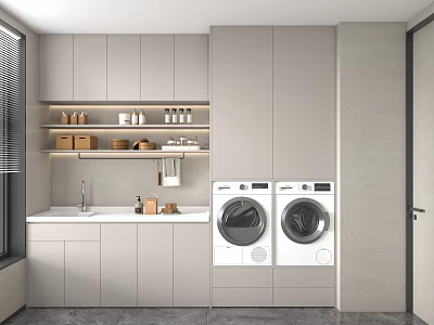 Modern Gray Bathroom Cabinet With Storage Shelves Sink And Organized Items 3d model