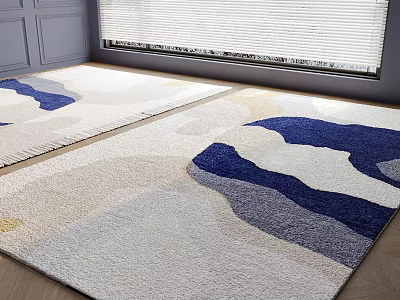 Square Carpet With Abstract Wavy Pattern In White Blue Beige Grey And Yellow Soft Plush Texture 3d model