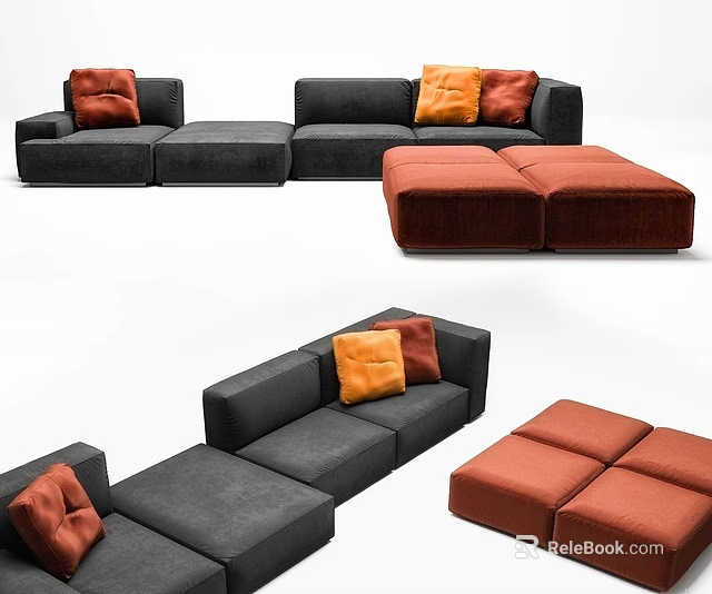 Modern Modular Sofa Set Design With Gray Sections Orange Cushions And Ottoman 3d model