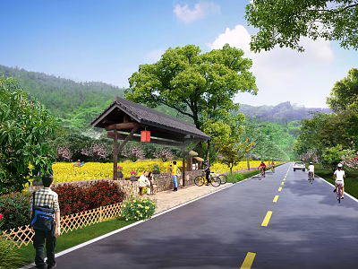 Scenic Rural Road Facilities Featuring Yellow Lane Markings Rest Shelter Pedestrian Bicycle Path And Greenery 3d model