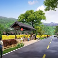 Scenic Rural Road Facilities Featuring Yellow Lane Markings Rest Shelter Pedestrian Bicycle Path And Greenery