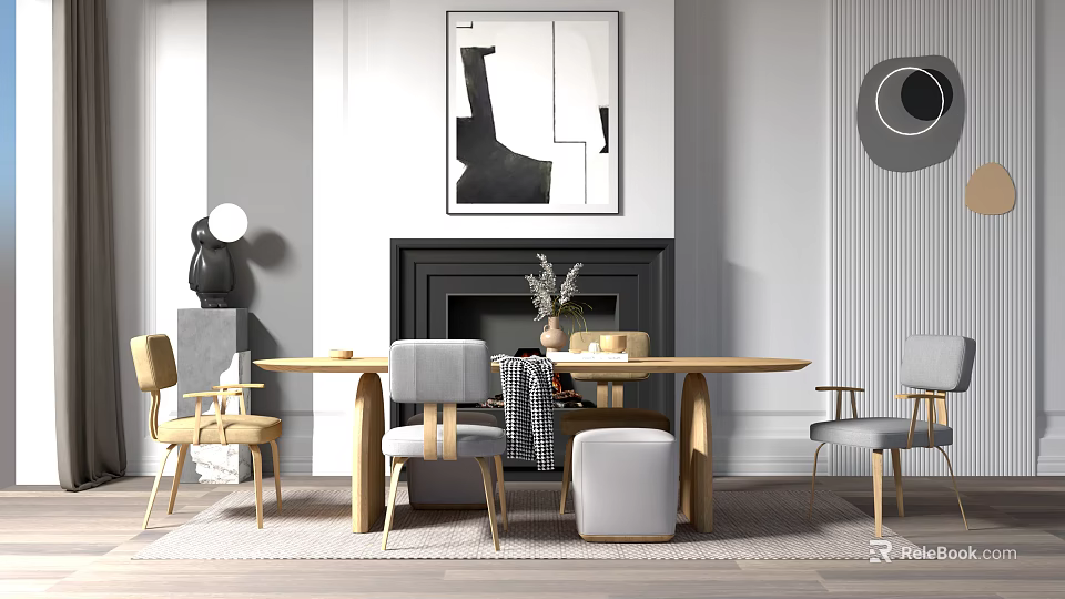 Elegant Modern Luxury Dining Table Set With Chairs Fireplace And Wall Art 3d model 