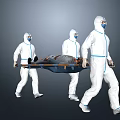Team Of Medical Staff In Protective Suits Carrying Patient On Stretcher