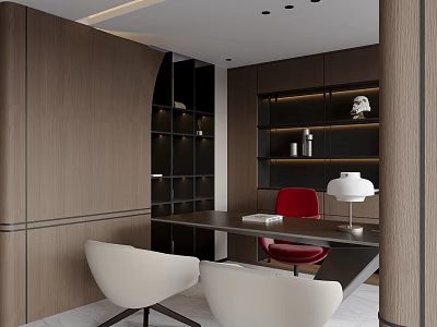 Modern Restaurant Interior With Wooden Walls Dark Shelves Dining Table Red And White Chairs 3d model