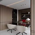 Modern Restaurant Interior With Wooden Walls Dark Shelves Dining Table Red And White Chairs