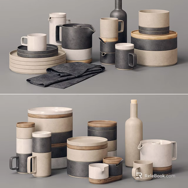 Minimalist Modern Ceramic Dinnerware Set With Beige Gray Cups Plates Jars And Bottles 3d model