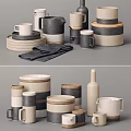 Minimalist Modern Ceramic Dinnerware Set With Beige Gray Cups Plates Jars And Bottles 3d model