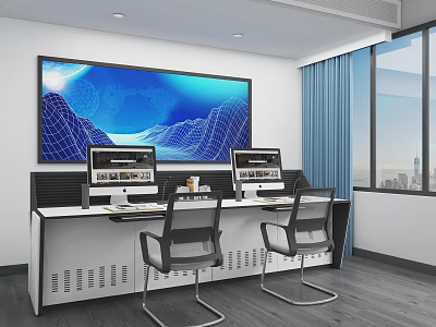 Functional Desk With Dual Monitors Ergonomic Chairs And Blue Abstract Art In Modern Office 3d model