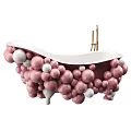 Unique White Bathtub With Golden Faucet And Yellow White Spherical Decorations