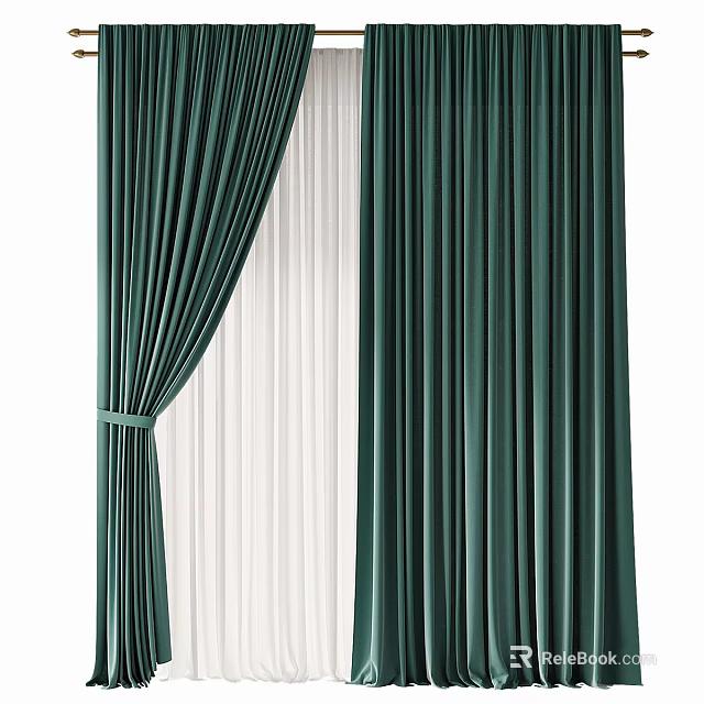 Dark Green Velvet Curtains Tied With Band And White Sheer Lining 3d model 