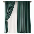 Dark Green Velvet Curtains Tied With Band And White Sheer Lining