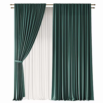 Dark Green Velvet Curtains Tied With Band And White Sheer Lining 3d model