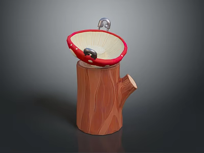 Mushroom Shaped Sink With Red Rim And Tree Stump Base Featuring Silver Faucet 3d model