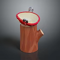Mushroom Shaped Sink With Red Rim And Tree Stump Base Featuring Silver Faucet
